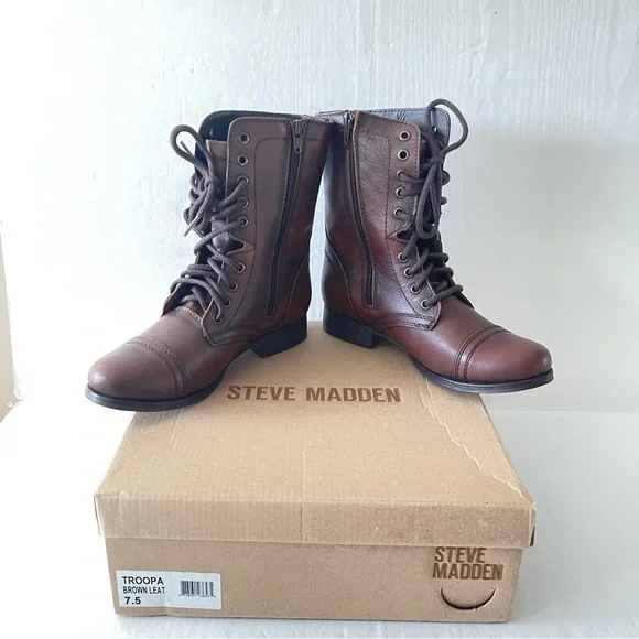 Steve Madden Troopa, Brown Leather Moto Combat Boot sz 7.5 - Picture 3 of 6